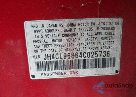 2004 Acura Tsx из США, поврежденный, VIN JH4CL96864C025736